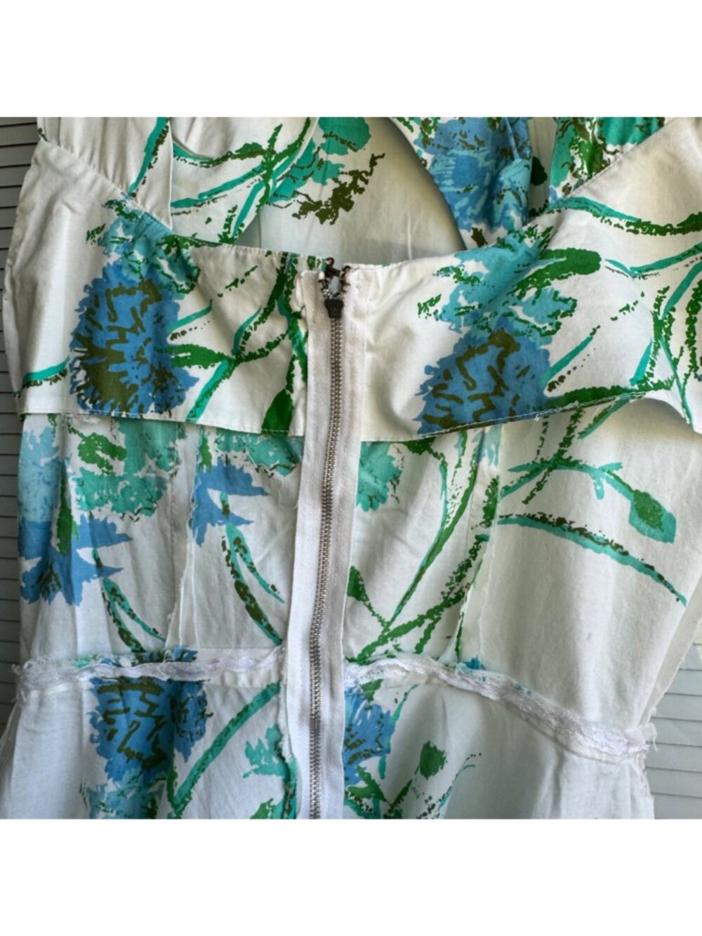 Womens Floral Sundress White & Blue Sleeveless Fit & Flare M (12) Vintage 50s - Picture 10 of 16